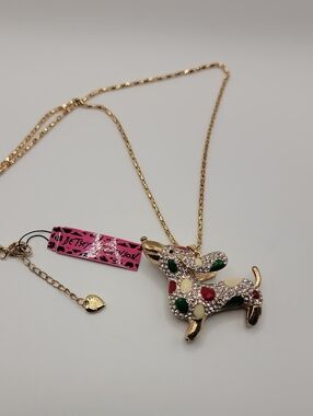 Betsey Johnson Gold-Tone Jeweled Dog Pendant Necklace - Red, Green, Cream